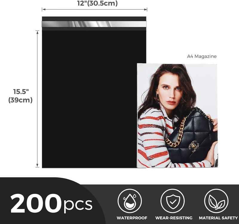 Metronic Poly Mailers 12X15.5 200 Pack, Strong Adhesive Shipping Bags for Clothing, Waterproof and Tear-Proof Shipping Envelopes, Mailers Poly Bags Packaging Bags for Business in Black - Image 4